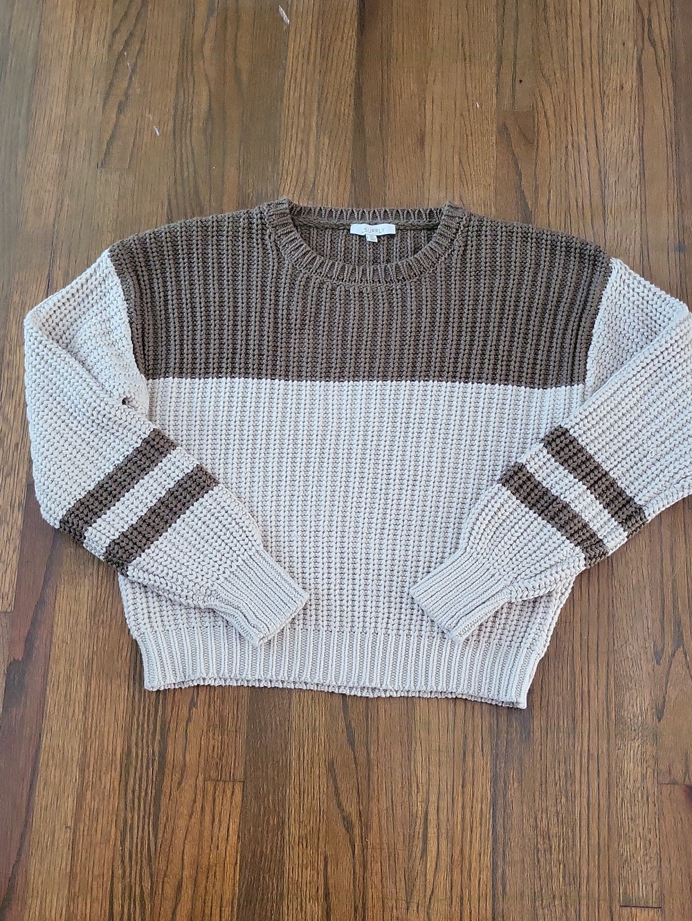 Z Supply Olive Green and Cream Colorblock Crewneck Sweater